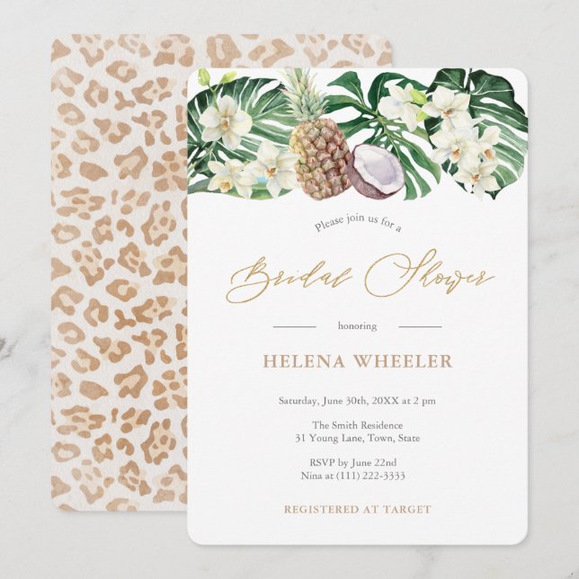Jungle Foliage Green White Pineapple Bridal Shower Invitation (Front/Back)