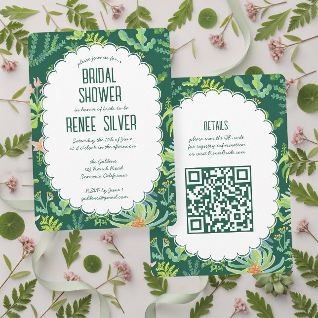 Jungle Garden Watercolor Custom QR  BRIDAL SHOWER Invitation (Jungle Garden Watercolor Hand-painted Custom QR BRIDAL SHOWER Invitation
)