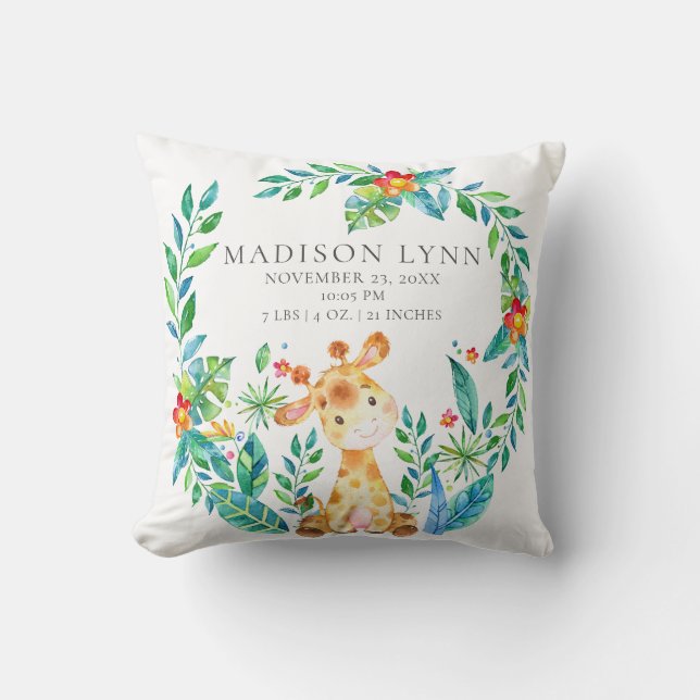 Jungle Giraffe Baby Birth Stats Pillow (Front)
