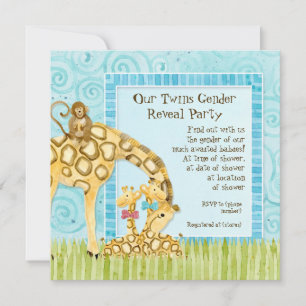 Jungle Giraffe Baby Boy Girl Twins Gender Reveal Invitation