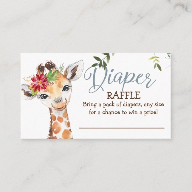 Jungle Giraffe Blue Gray Diaper Raffle Baby Shower Enclosure Card (Front)