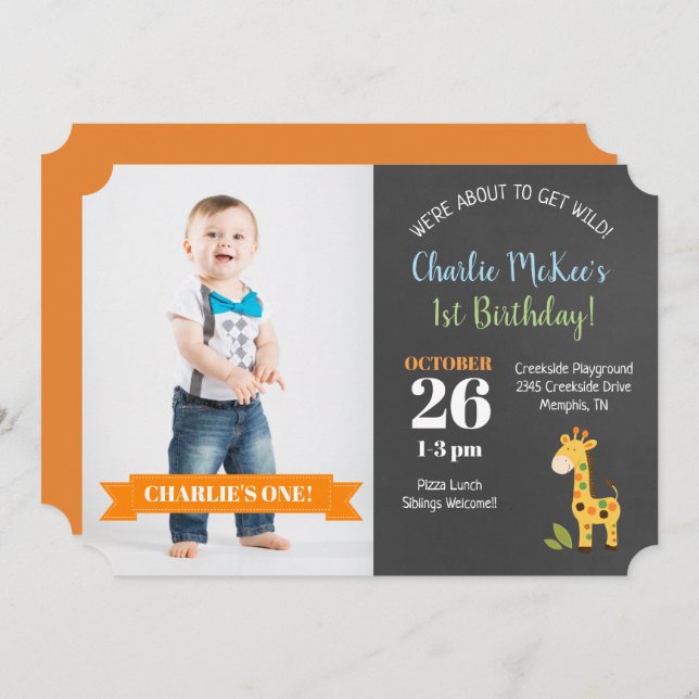 Jungle Giraffe Chalkboard Birthday Die Cut Invite (Front/Back)