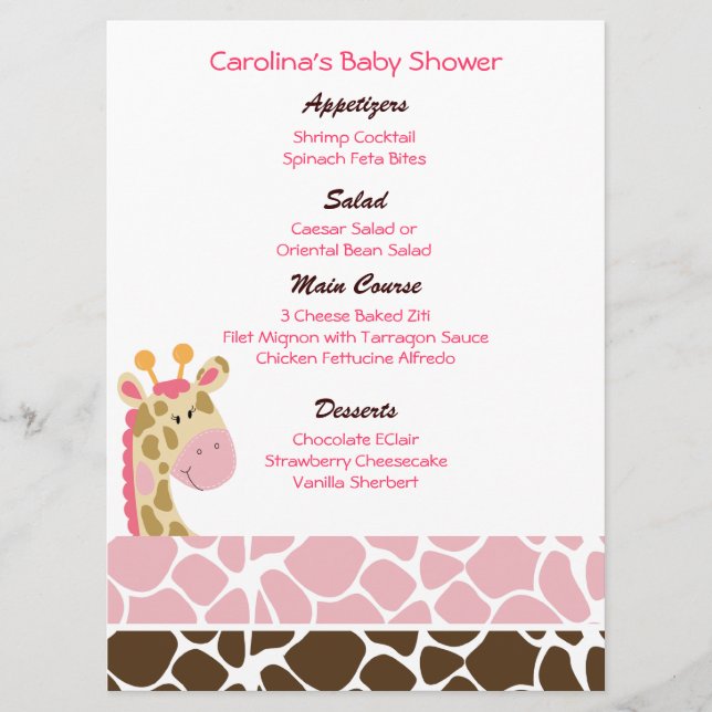 Jungle Giraffe Pink Custom Baby Shower Menu (Front)