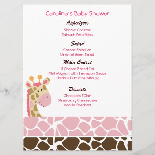 Jungle Giraffe Pink Custom Baby Shower Menu Personalized Invite