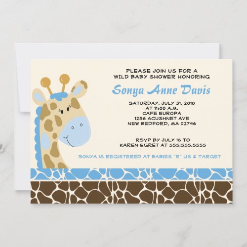 Jungle Giraffe Print (Blue) Baby Shower 5x7 Invite