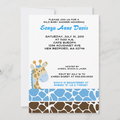 Jungle Giraffe Print Blue Baby Shower 5x7 Invite