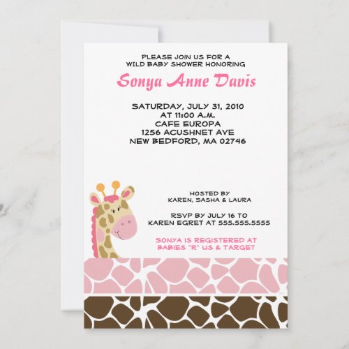 Jungle Giraffe Print (Pink) Baby Shower 5x7 Invite