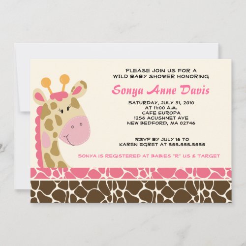 Jungle Giraffe Print Pink Baby Shower 5x7 Invite