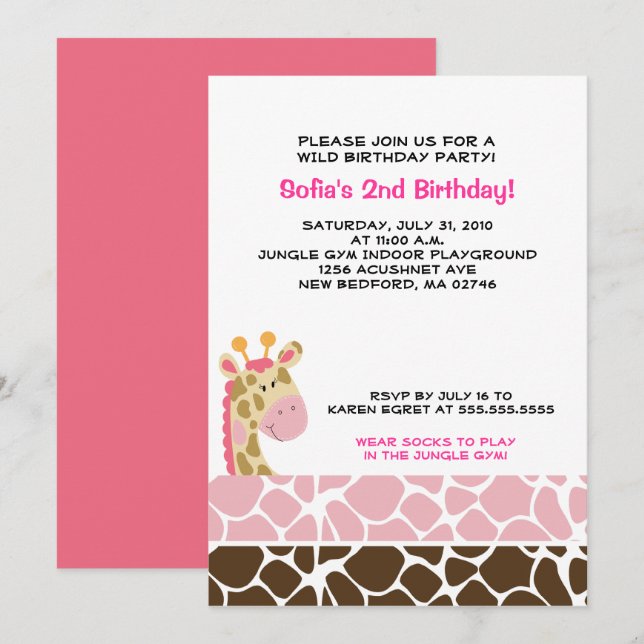 Jungle Giraffe Print (Pink) Birthday Party Invite (Front/Back)