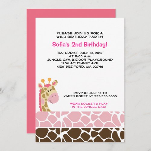 Jungle Giraffe Print Pink Birthday Party Invite