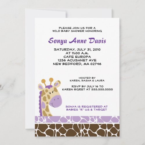 Jungle Giraffe Print Purple Baby Shower Invite