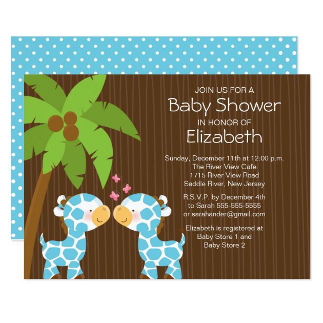 Jungle Giraffe Twin Boys Baby Shower Invitation