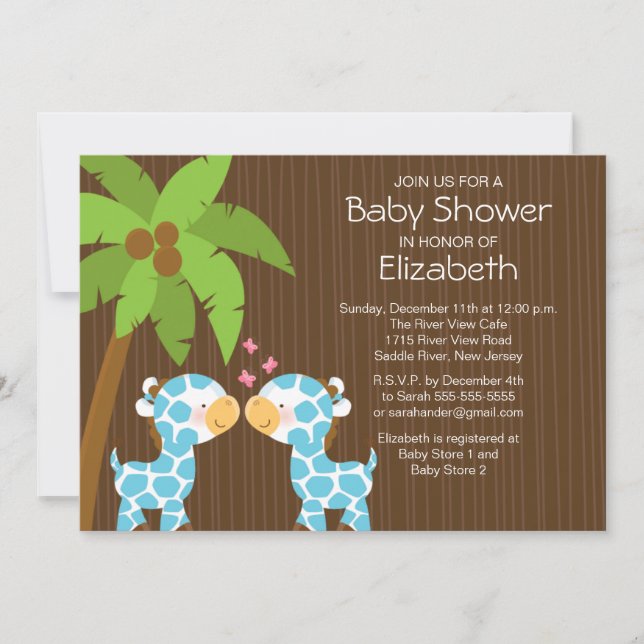 Jungle Giraffe Twin Boys Baby Shower Invitation (Front)