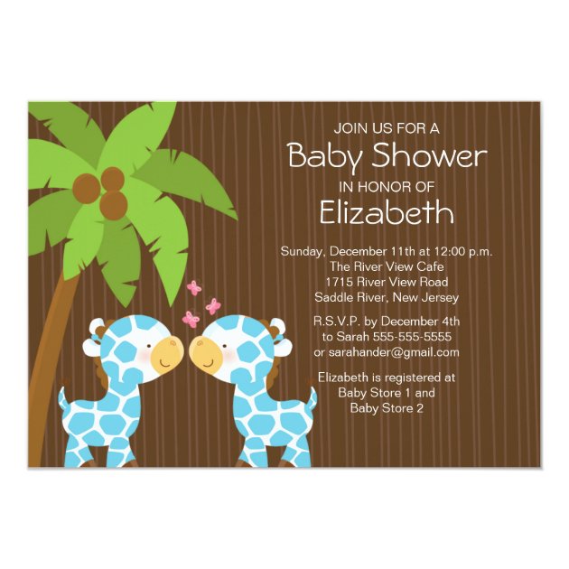 Jungle Giraffe Twin Boys Baby Shower Invitation