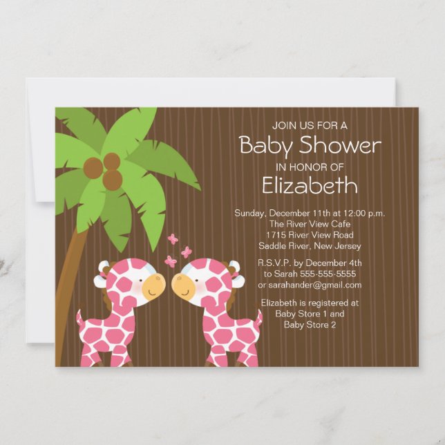 Jungle Giraffe Twin Girls Baby Shower Invitation (Front)
