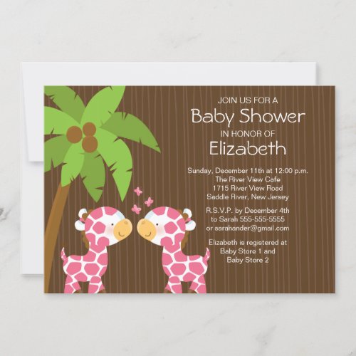 Jungle Giraffe Twin Girls Baby Shower Invitation