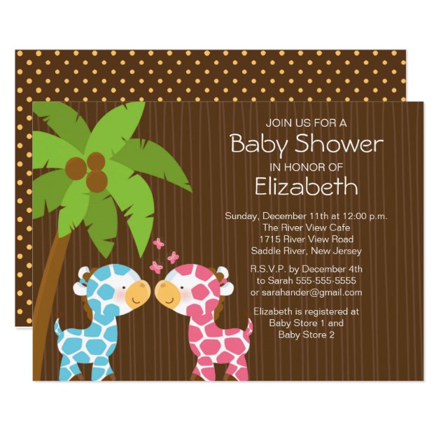 Jungle Giraffe Twins Baby Shower Invitation