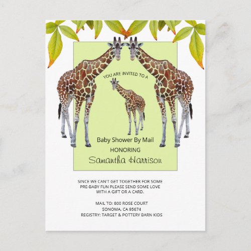 Jungle Giraffe Watercolor Baby Shower By Mail Invitation Postcard