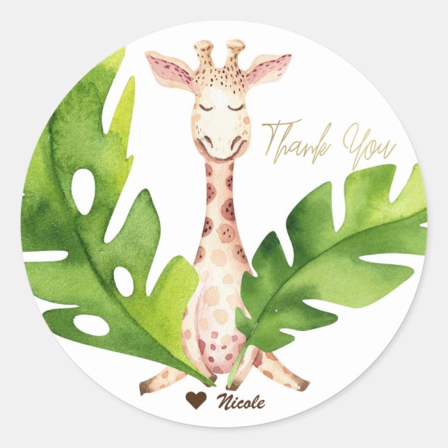 Jungle Giraffe Watercolor Baby Shower Party Classic Round Sticker (Front)