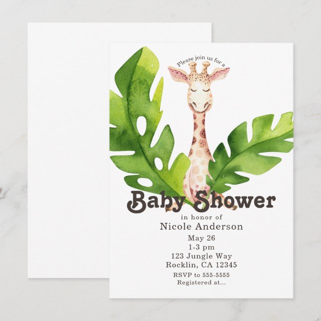 Jungle Giraffe Watercolor Baby Shower Party Invitation (Front/Back)