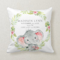 Jungle Girl Elephant Baby Birth Stats Pillow