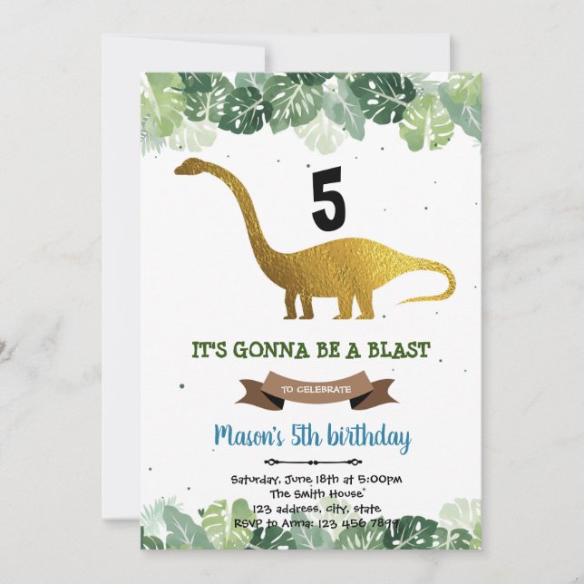 Jungle gold dinosaur birthday invitation (Front)