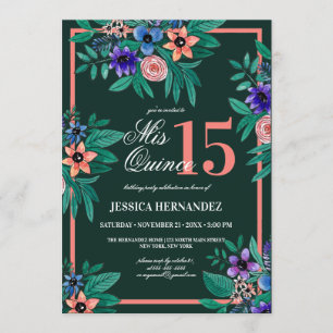Jungle Green Coral Floral Watercolor Quinceañera Invitation