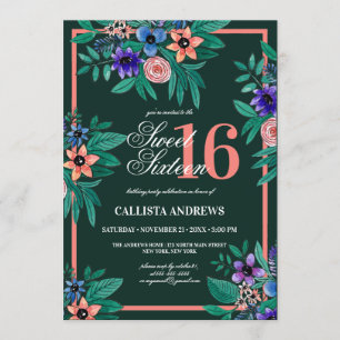 Jungle Green Coral Pink Floral Watercolor Sweet 16 Invitation