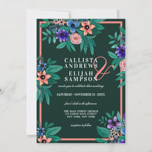 Jungle Green Coral Pink Flowers Watercolor Wedding Invitation