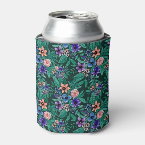 Jungle Green Coral Watercolor Greenery Pattern Can Cooler