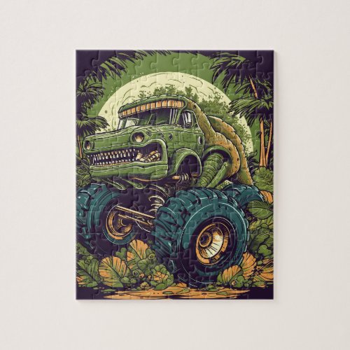 Jungle Green Dinosaur Monster Truck  Jigsaw Puzzle