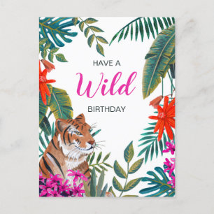 Jungle green & pink wild tropical birthday tiger postcard