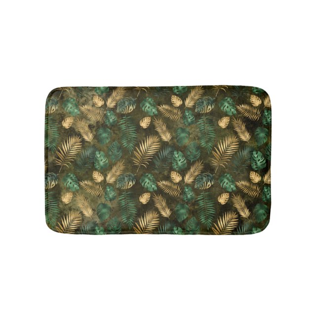 Jungle Green Yellow Tropical Palm Leaves Bath Mat (Front)