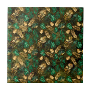 Jungle Green Yellow Tropical Palm Leaves Ceramic Tile