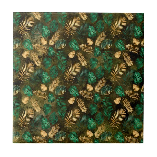 Jungle Green Yellow Tropical Palm Leaves Ceramic Tile (Front)