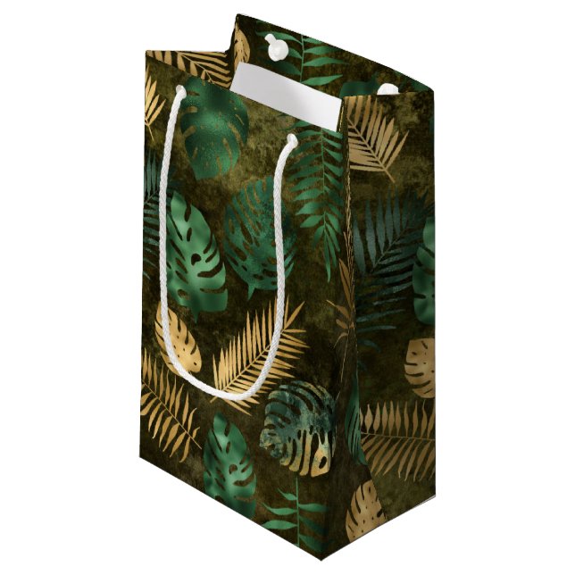 Jungle Green Yellow Tropical Palm Leaves Small Gift Bag (Front Angled)
