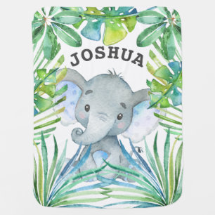 Jungle Greenery Baby Elephant Boy Personalized Blanket
