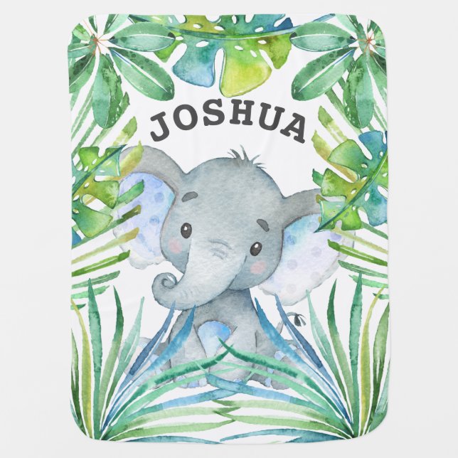 Jungle Greenery Baby Elephant Boy Personalized Blanket (Front)