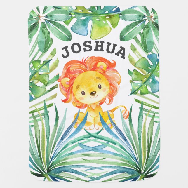 Jungle Greenery Baby Lion Boy Personalized Blanket (Front)