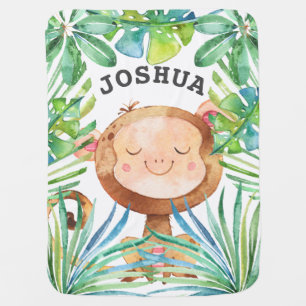 Jungle Greenery Baby Monkey Boy Personalized Blanket