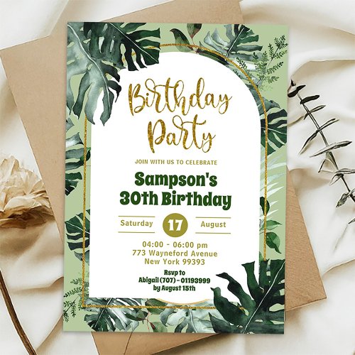 Jungle Greenery Monstera Tropical Birthday Party Invitation