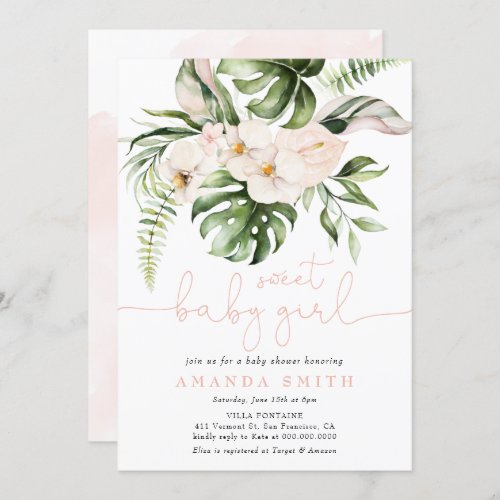 Jungle Greenery Pink Floral Sweet Girl Baby Shower Invitation
