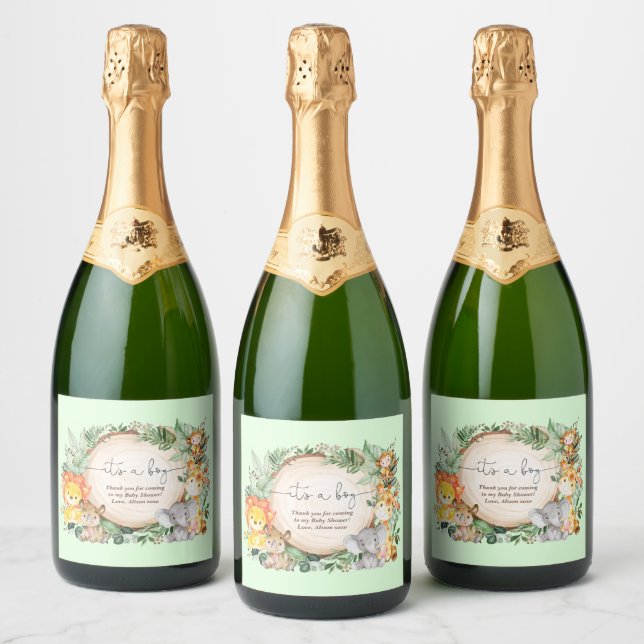 Jungle Greenery Safari Animals Baby Shower Favors Sparkling Wine Label (Bottles)