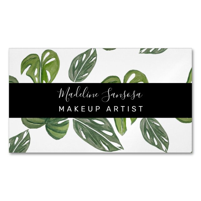 Jungle Greenery Watercolor Monstera Salon Makeup  Business Card Magnet (Front)