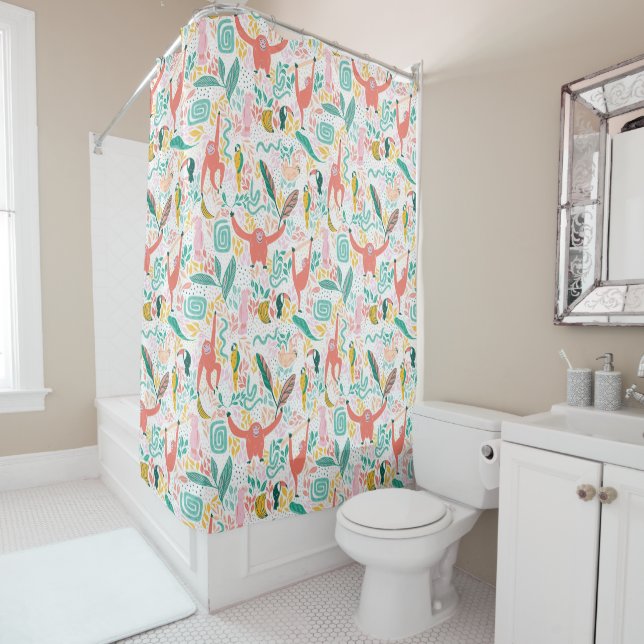 Jungle happy animals pattern in bright colors shower curtain (In Situ)