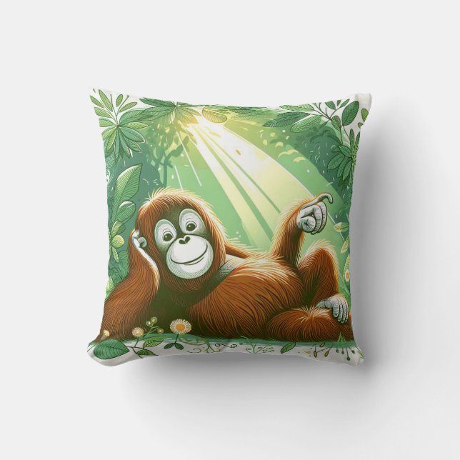 Jungle Harmony: Orangutan-Inspired  Throw Pillow (Front)