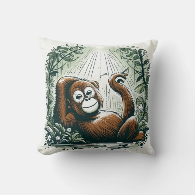 Jungle Harmony: Orangutan-Inspired  Throw Pillow (Front)