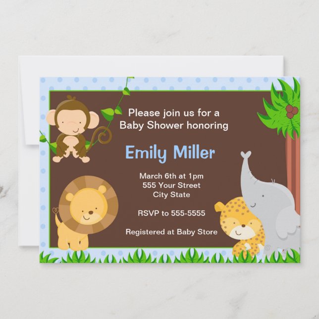 Jungle Invitation Baby Boy Shower Blue (Front)