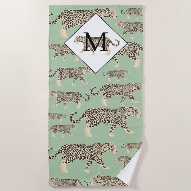 Jungle Jaguar Animal Pattern Initial Monogram  Beach Towel (Front)