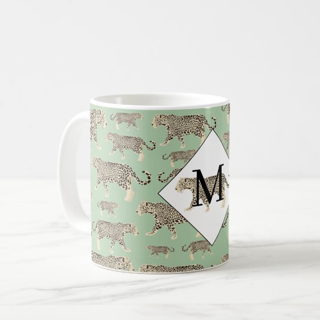 Jungle Jaguar Animal Pattern Initial Monogram Coffee Mug (Front Left)